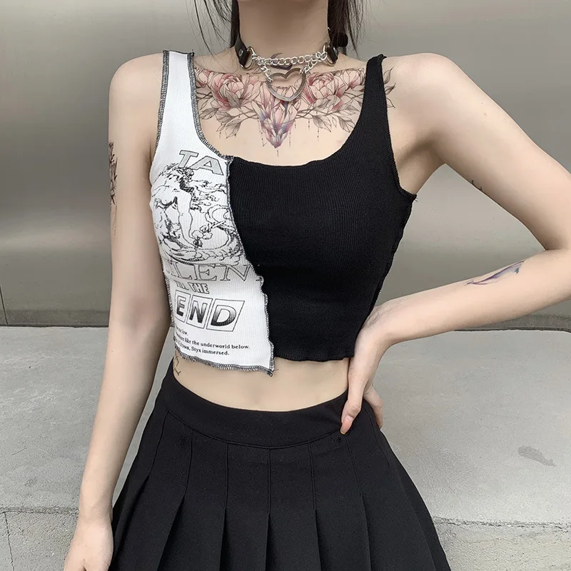 

Color Blocking Sleeveless Punk Style Patchwork Tank Tops Aesthetic Letter and Graphic Print Women Crop Top Streetwear Crop Top
