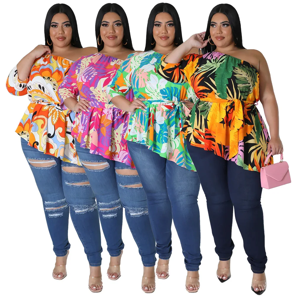 

Summer Bohemia Printing Women T Shirt Big Size 3XL 4XL One Shoulder Slash Neck Sash Irregular Tops Holidays Clothing