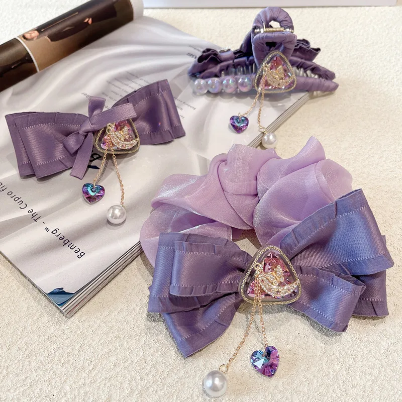 

Французские мягкие фиолетовые резинки для волос, большой захват-зажим, Осень-зима, теплый цвет, элегантный хрустальный бант, заколка для вол...