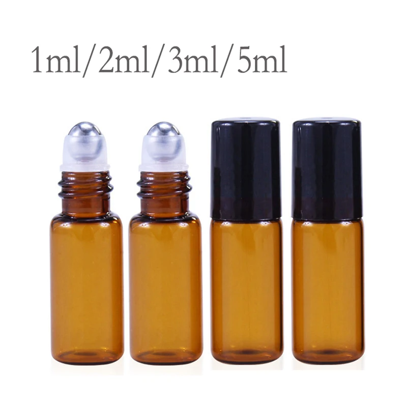 50PCS 1ml 2ml 3ml 5ml 10ml  Thin Glass Roll on Bottle Oil Vials with Roller Metal /Glass Ball Sample Test Essential Amber