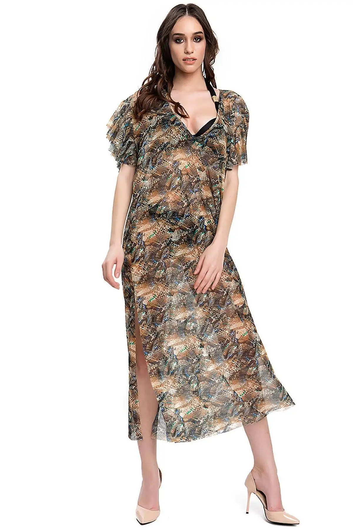 

Women's Pareo Green Snakeskin Patterned Long Slit Poncho Swimwear Cover Up Dress Sexy Tunic Suit Beachwear