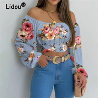 butterfly print off shoulder lantern sleeve sexy club t shirt floral cropped tops casual slim autumn women cross lace up blouses