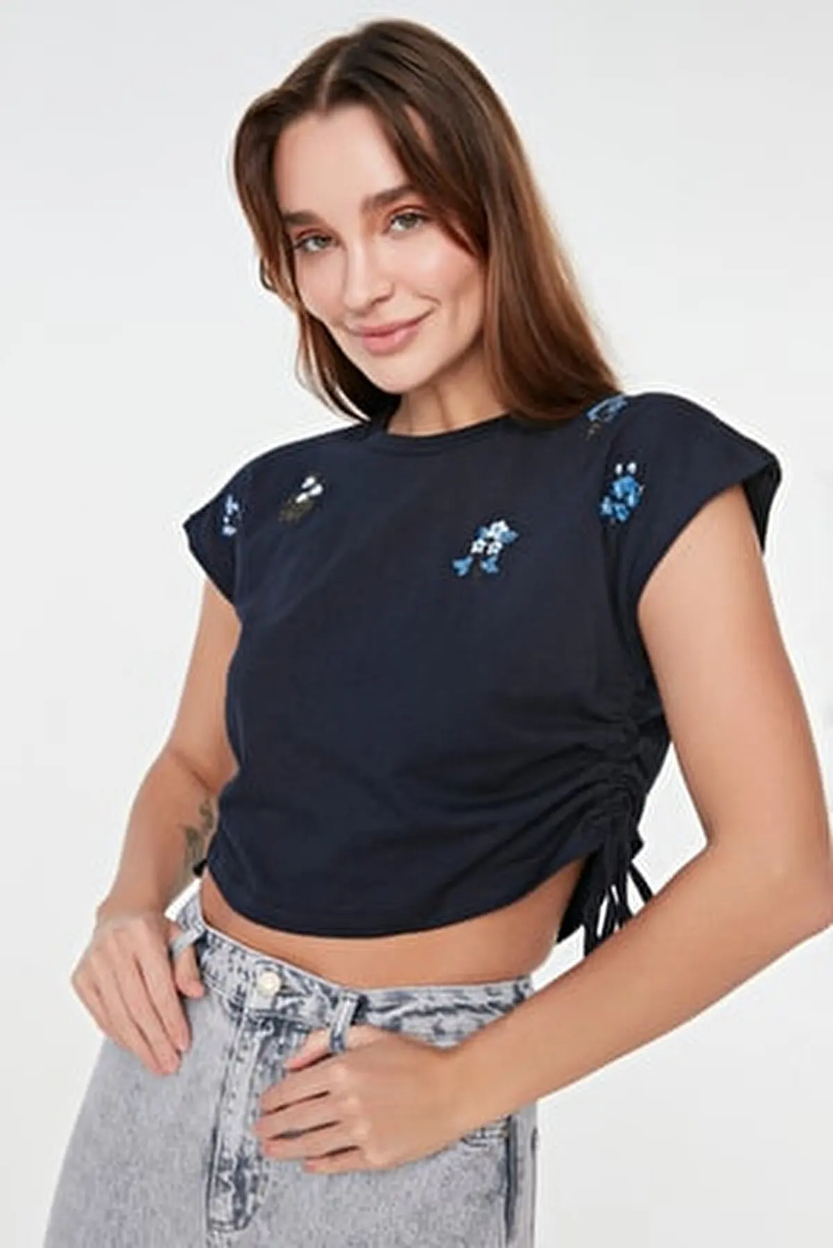 

Темно-синяя трикотажная футболка с вышивкой, 1938, футболки, блузка, женские летние топы, футболки