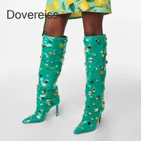 dovereiss 2022 fashion stilettos heels knee high boots bling winter pointed toe sexy new pure color green 40 41 42 43 44 45 46