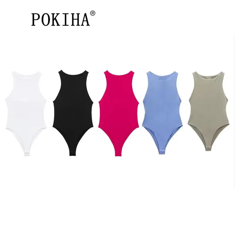 

Pokiha Women New Sexy Solid Color Fashion With Halter Neck Skinny Bodysuit Vintage Sleeveless Snap-button Female Playsuits Mujer