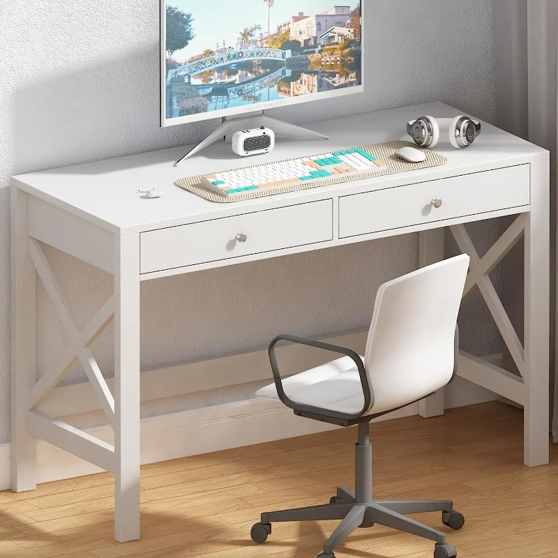 

ChooChoo Computer Desk Study for Home Office, Modern Simple 40 Inches White Desk with Drawers, Makeup Vanity Console Table