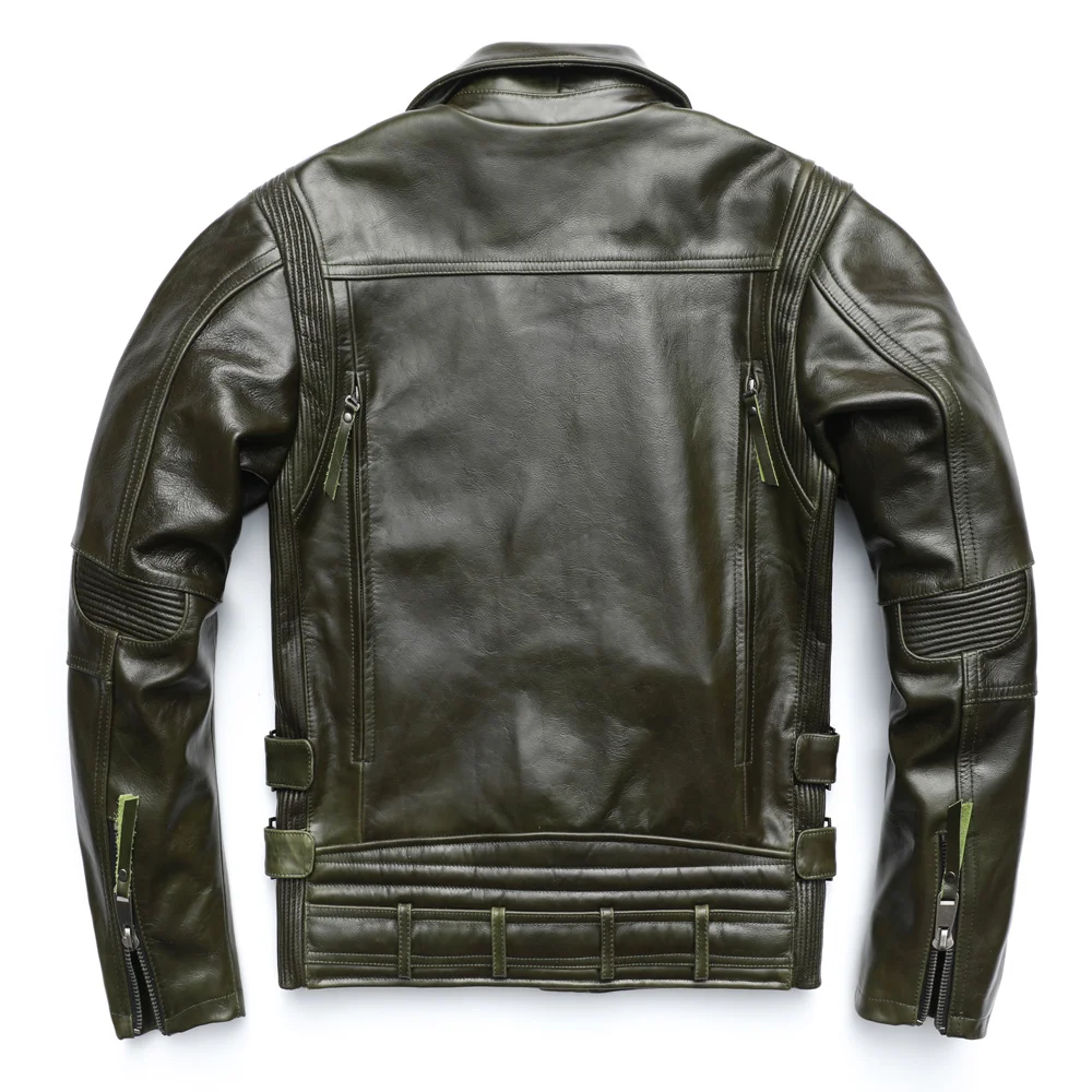 

Unique Army Green Motorcycle Jacket Men Leather Jacket 100% Oil wax Cowhide Motor Biker Jacket Male Leather Coat Winter M455