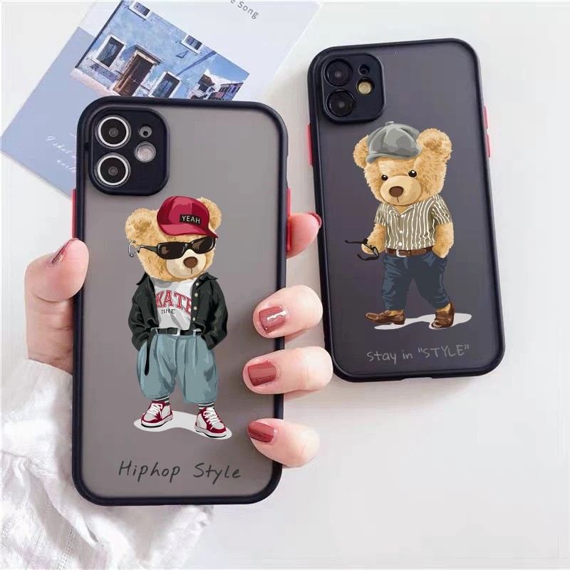 

Cute BEAR Hard Phone Case For iPhone 11 12 Pro Max XR X XS MAX SE 14 7 8 6Plus Fashion Brand Clear Black Cover Matte Fundas Capa