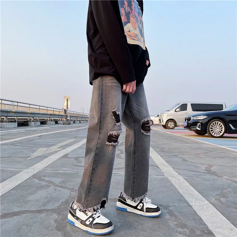 Summer Black Ripped Jeans Men Fashion Casual Wide Leg Jeans Men Streetwear Loose Hip Hop Straight Hole Denim Pants Mens Trousers