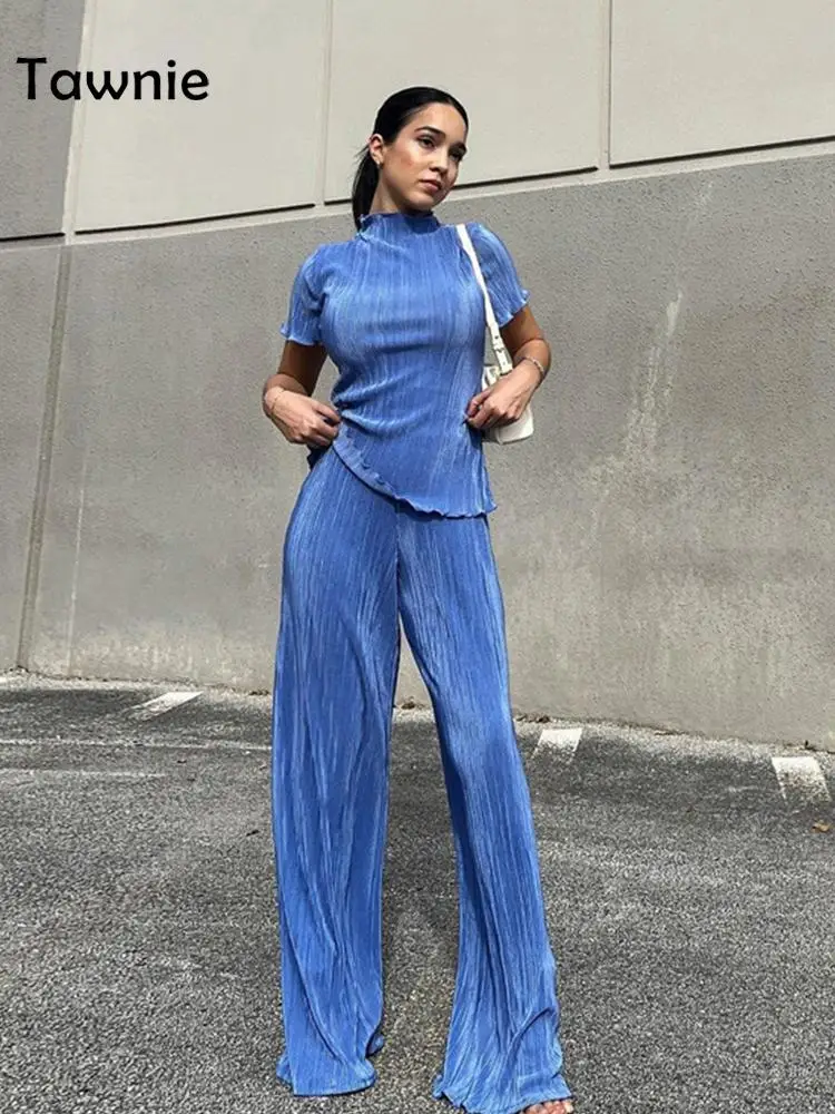 

Tawnie Y2K Pleated Pants Set Women Turtleneck T-Shirts Wide Leg Pant Two Piece Set Casual Loose Trouser Suits 2022 Summer Blue