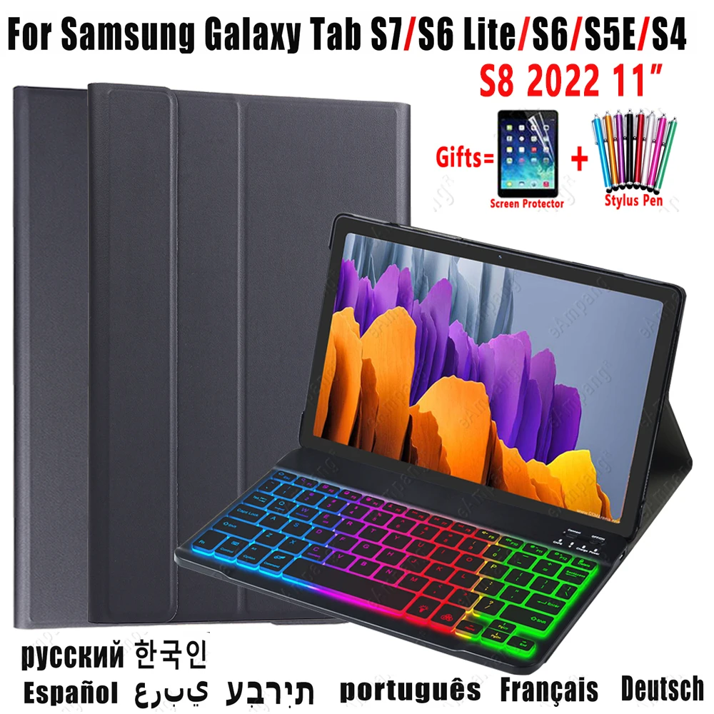 

Чехол с клавиатурой с радужной подсветкой для Samsung Galaxy Tab S7 S8 S6 Lite S5E S4, русская, испанская, иврит, Корейская, арабская клавиатура