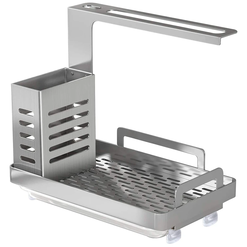 

Kitchen Sink Caddy Organizer Sponge Soap Scrubbers Holder with Rain Pan Tray Adhesive and Use Dish Brush Holder Silver
