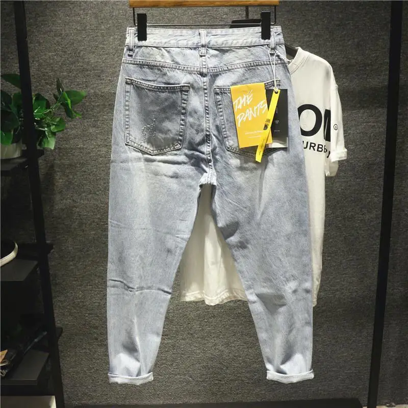 Ripped Jeans Men's Summer Pants Scrape Distressed Retro Korean Type Trendy Cropped Skinny Pants Men's Trousers