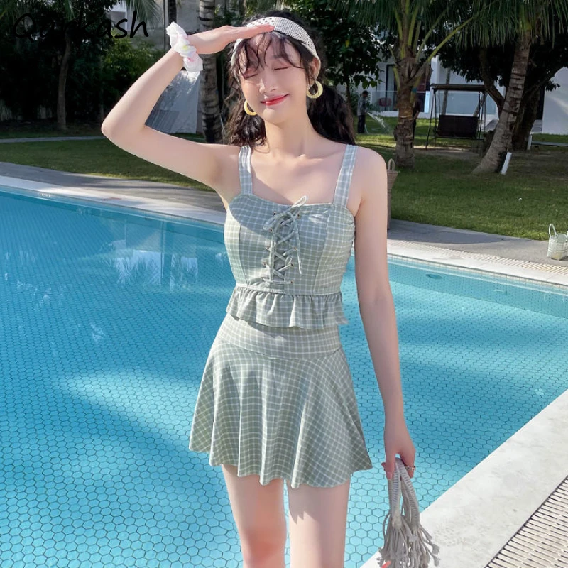 

Bikini Set Women Plaid 2 Pieces Bandage Popular Beach Style Ulzzang Students Ruffles High Waist Sexy Fit Summer Simple Swimwear
