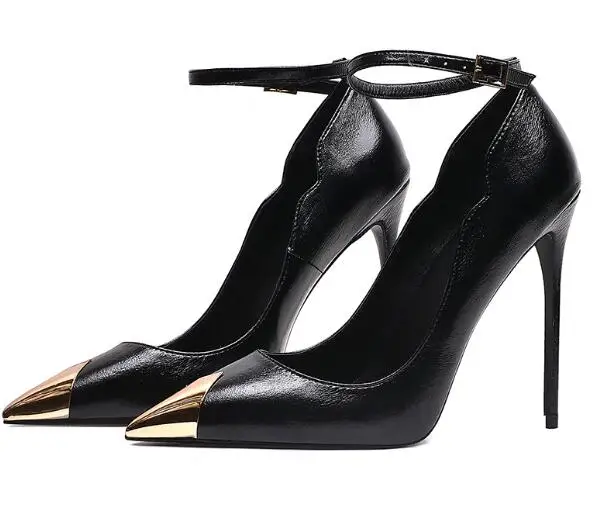 

Moraima Snc Black Leather Ankle Strap High Heel Shoes Sexy Pointed Toe 8/10/12cm Stiletto Heels Women Shallow Mouth Dress Shoes