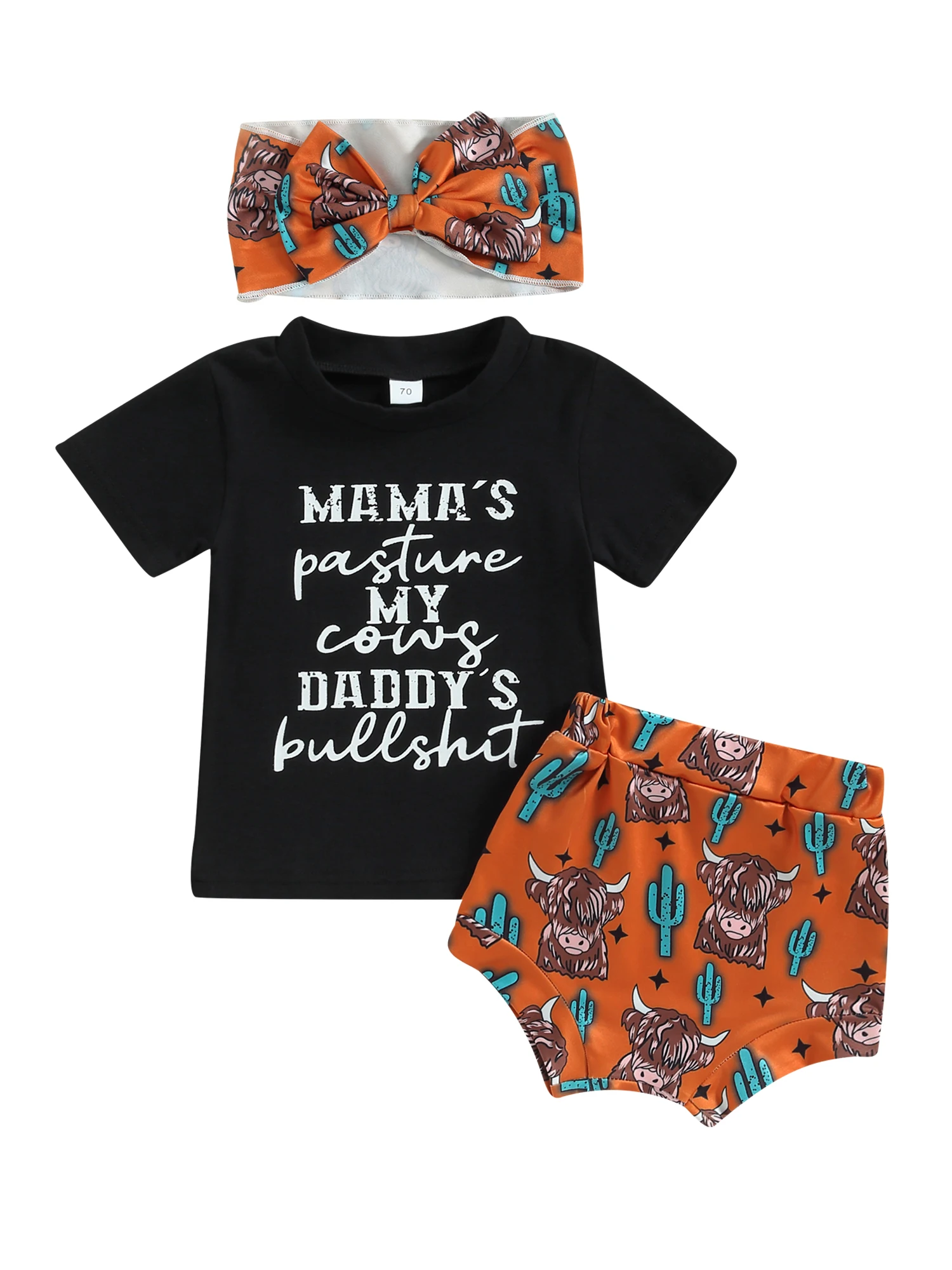 

Baby Girls Shorts Set Short Sleeve Letters Print T-shirt with Cattle Print Shorts and Bowknot Hairband