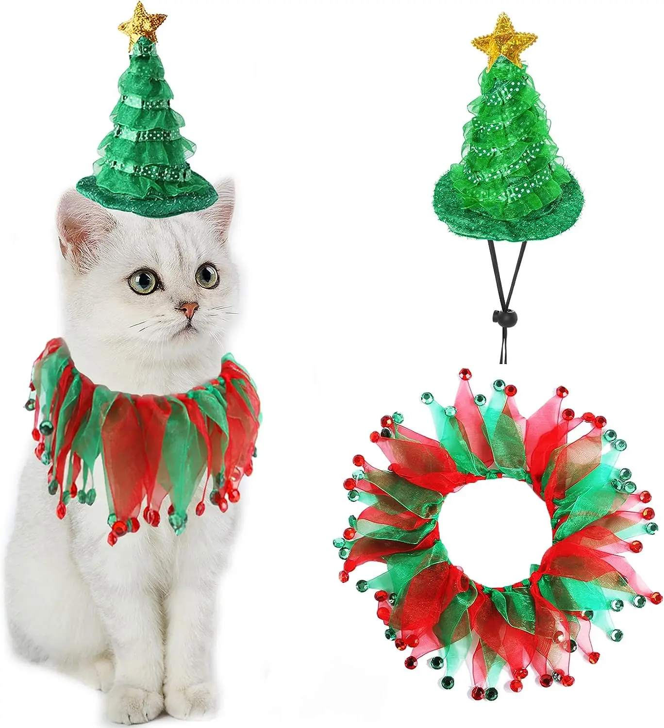 

Small Dogs Cats Tutu Collar and Green Shiny Hat Cute Costume Kitten Outfit Clothing for Birthday Thanksgiving Christmas Party