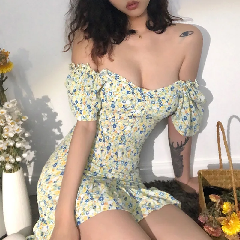 

Cottagecore One-shoulder Summer Dresses for Women 2021 Fahsion Ruffled Hip Floral Short Sleeve Mini Dress Elegant Temperament