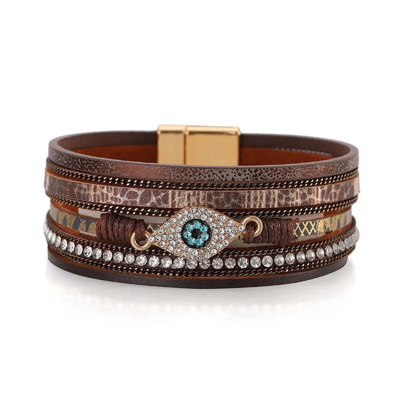 

Charm Leather Bracelets for Women Fashion Crystal Ladies Devil's Eye with Rhinestone Boho Multilayer Wide Wrap Bracelet Jewelry