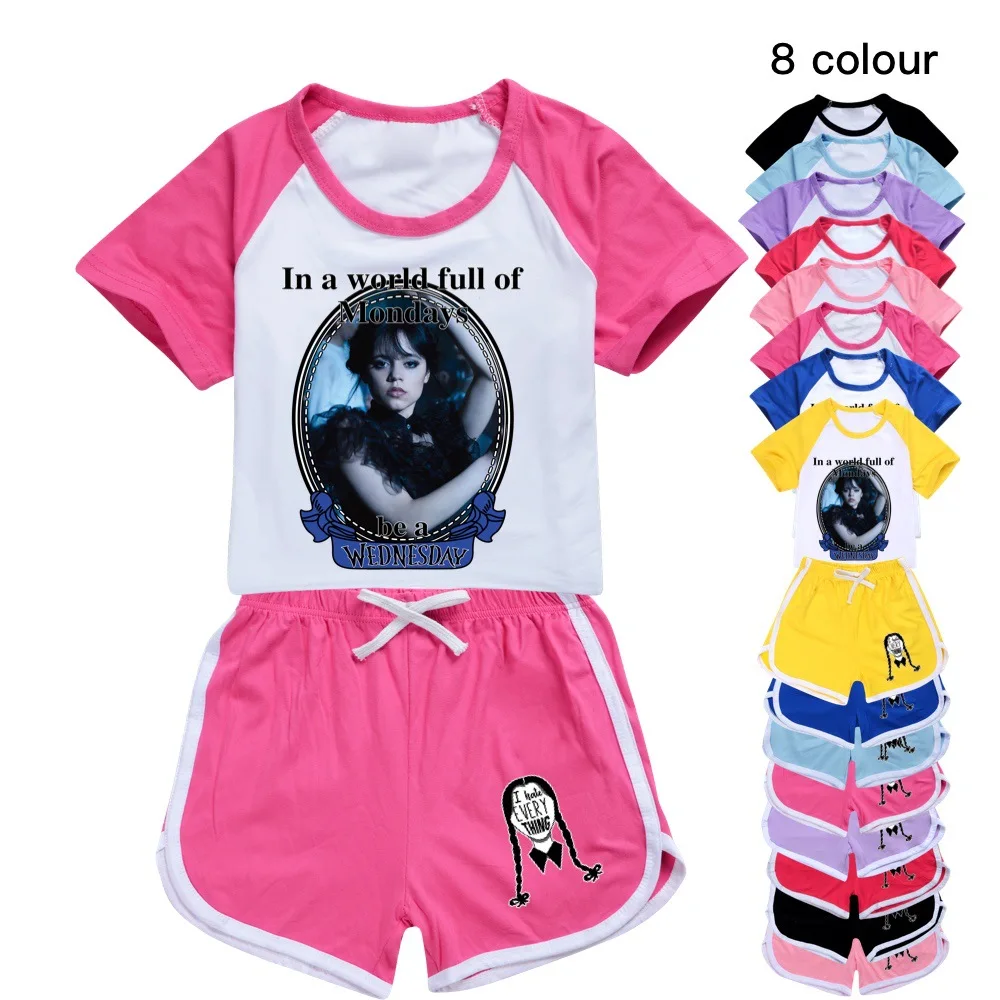 

2023 Casual Kids Sport Clothing Sets Wednesday Addams Family for Boys Girls Costumes Cotton Tracksuits Children's T-shrit+Shorts