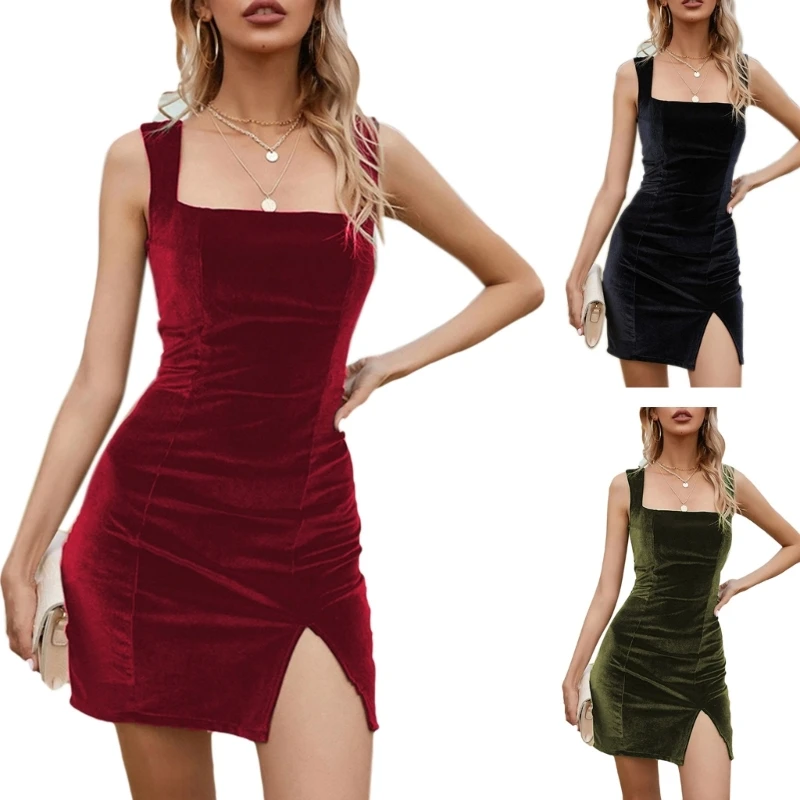 

50JB New Women Square Neckline Detail Backless Pleated Camisole Dress for Summer