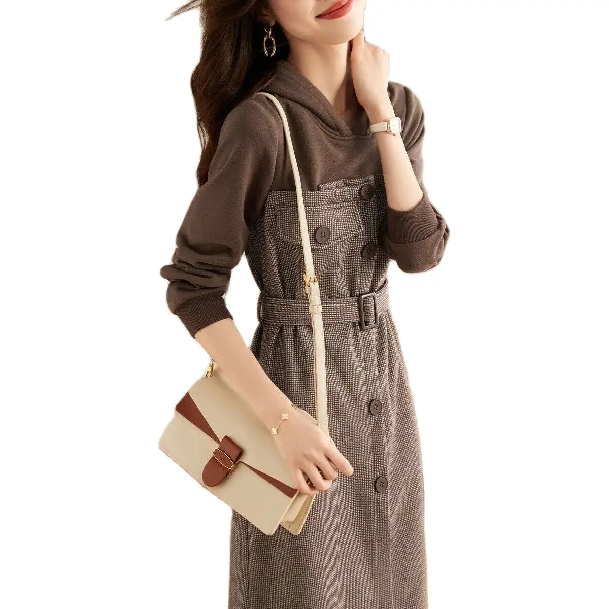 

Stylish Fake Two Piece Sweatshirts Dress For Women Clothing 2023 Spring Autumn New Collection Waist Temperament Dress AC808