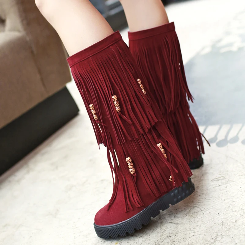 Women's Boots Winter New Round Head Zipper Tassel Internal Increase Mid Heel Short Tube Women's Shoes Plus 34-43 Botas Mujer