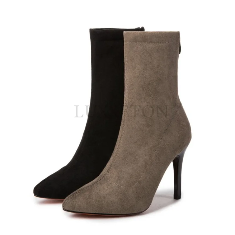 

New Women Sexy Boots Autumn Red Bottom Thin High Heels Pointed Toe Solid Black Suede Fashion Ankle Boots 2023 Ladies Shoes 9 Cm