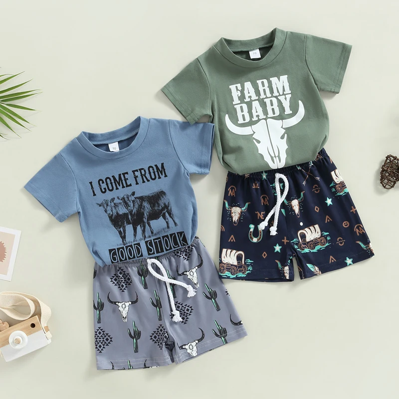 

2022-12-20 Lioraitiin 0-3Years Toddler Boy Summer Clothes Suits Letter Cow Head Print Short Sleeve Crew Neck T-Shirts Shorts