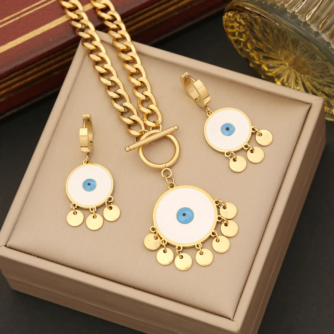 

316L Stainless Steel Tassel Round Eye Pendant Necklace Bracelet For Women New Trend Thick Chain Non-fading Jewelry Set