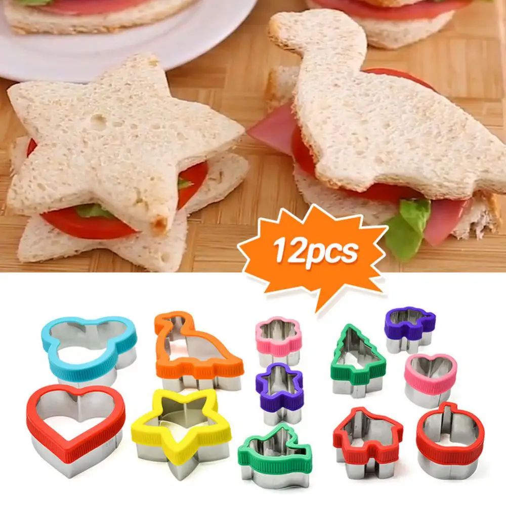 

12pcs/set Stainless Steel Sandwich Cutters DIY Star Dinosaur Biscuit Mold Christmas Cookie Cutters Stamp Set Mould Baking Tools