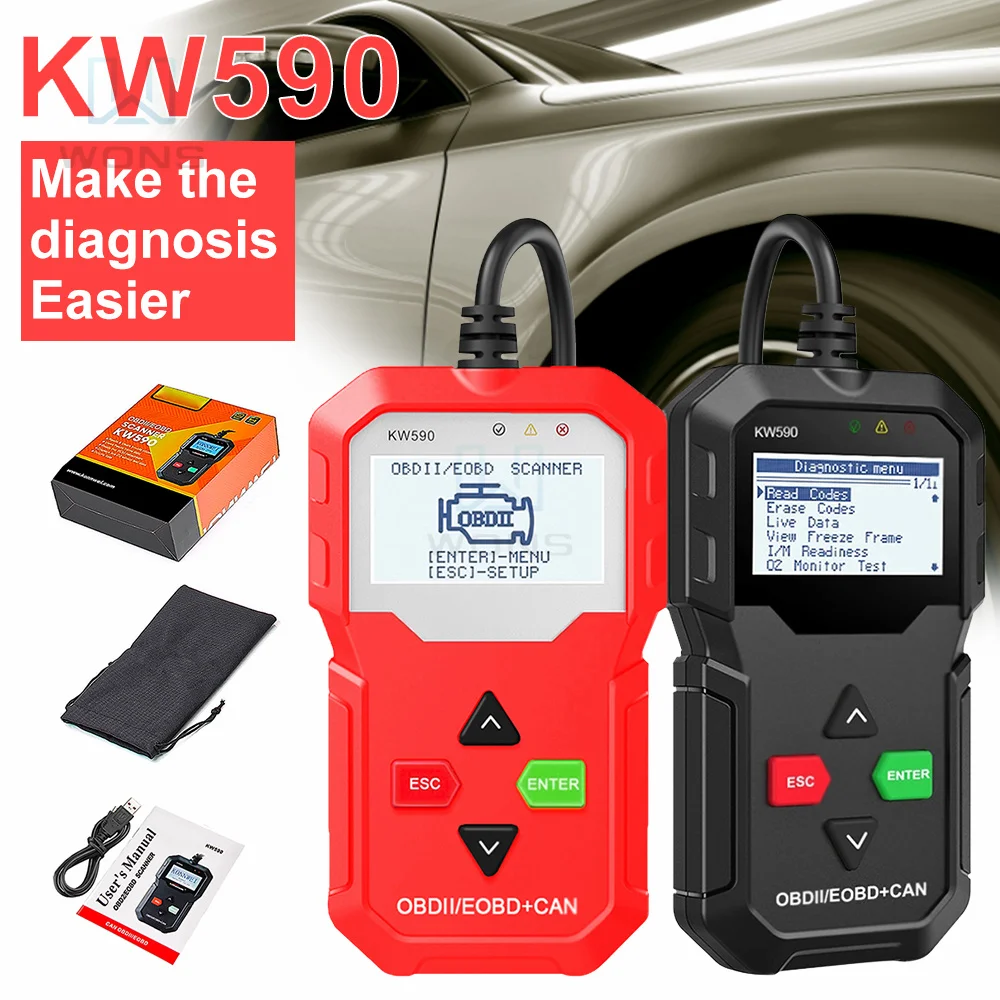 OBD диагностический инструмент KW590 автомобильный считыватель кодов автомобильный OBD2 сканер поддерживает множество брендовых автомобилей и языков