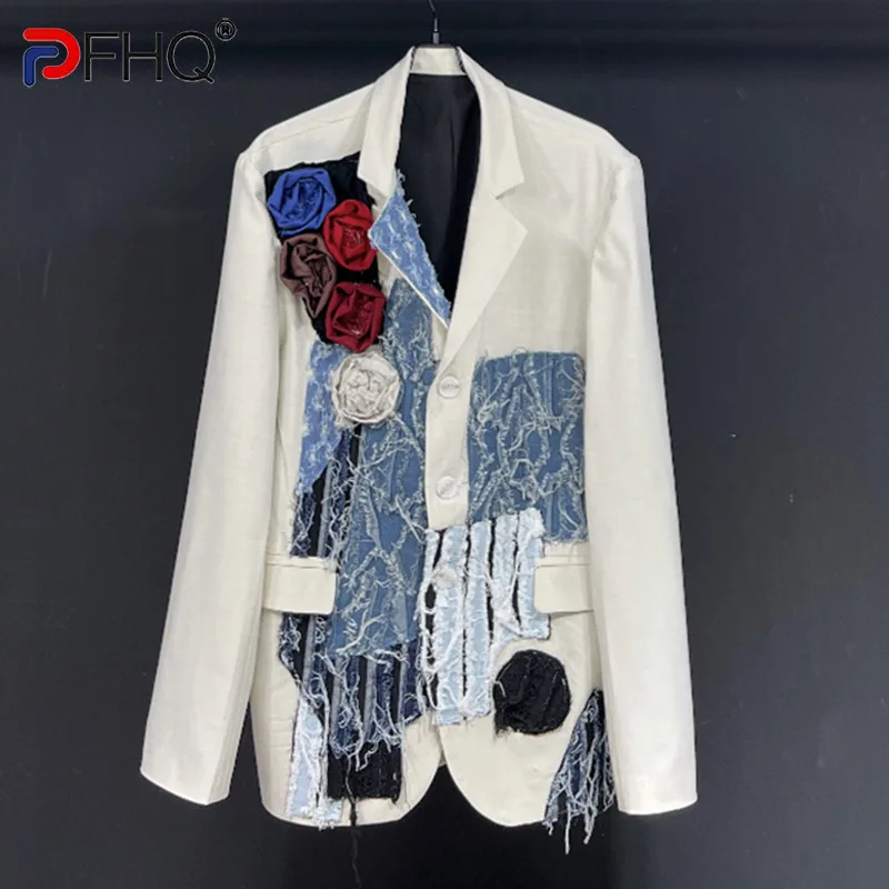 

PFHQ Men's Heavy Industry Abstract Patchwork Denim Blazers Autumn Linen Casual Flowers Creativity Art High Quality Suit 21Z1687