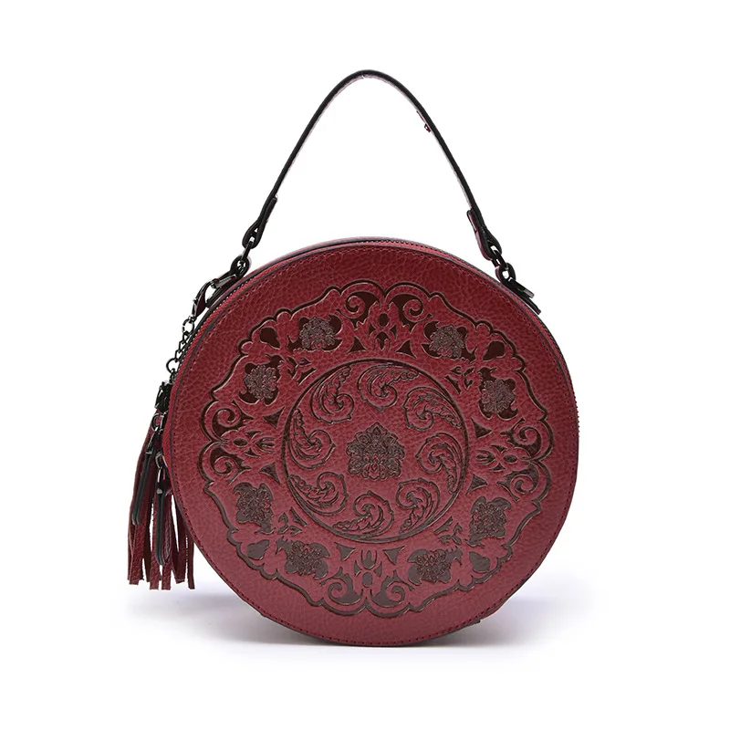 

Genuine Leather Crossbody Bag for Women Circular Small Shoulder Messenger Bags National Style Female Purses and Handbag