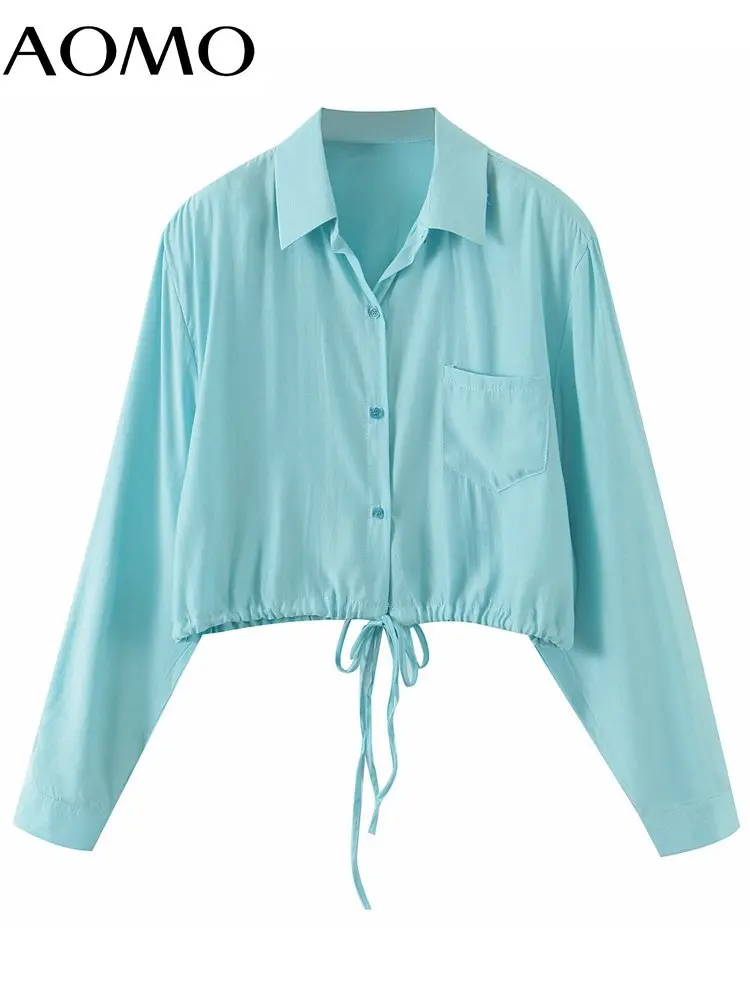 

AOMO Women Blue Crop Shirts Backless Long Sleeve Front Buttons Female Blouses DZ20A