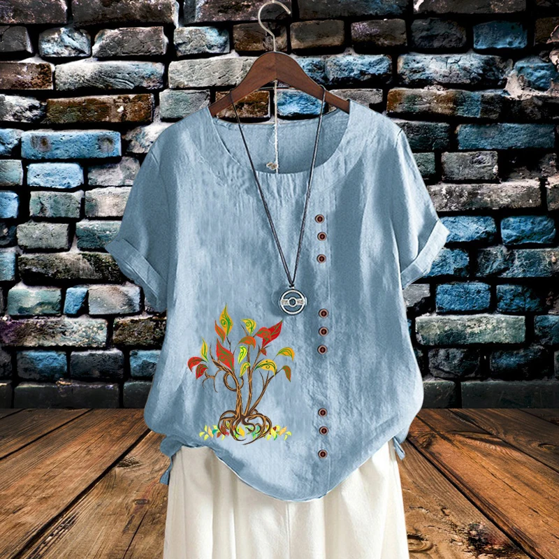 

2022 Vintage Ladies Summer Solid Blouse Beautiful Flower Printed Loose T-Shirt Trendy Linen Round Neck Short Sleeve Top XS-5XL
