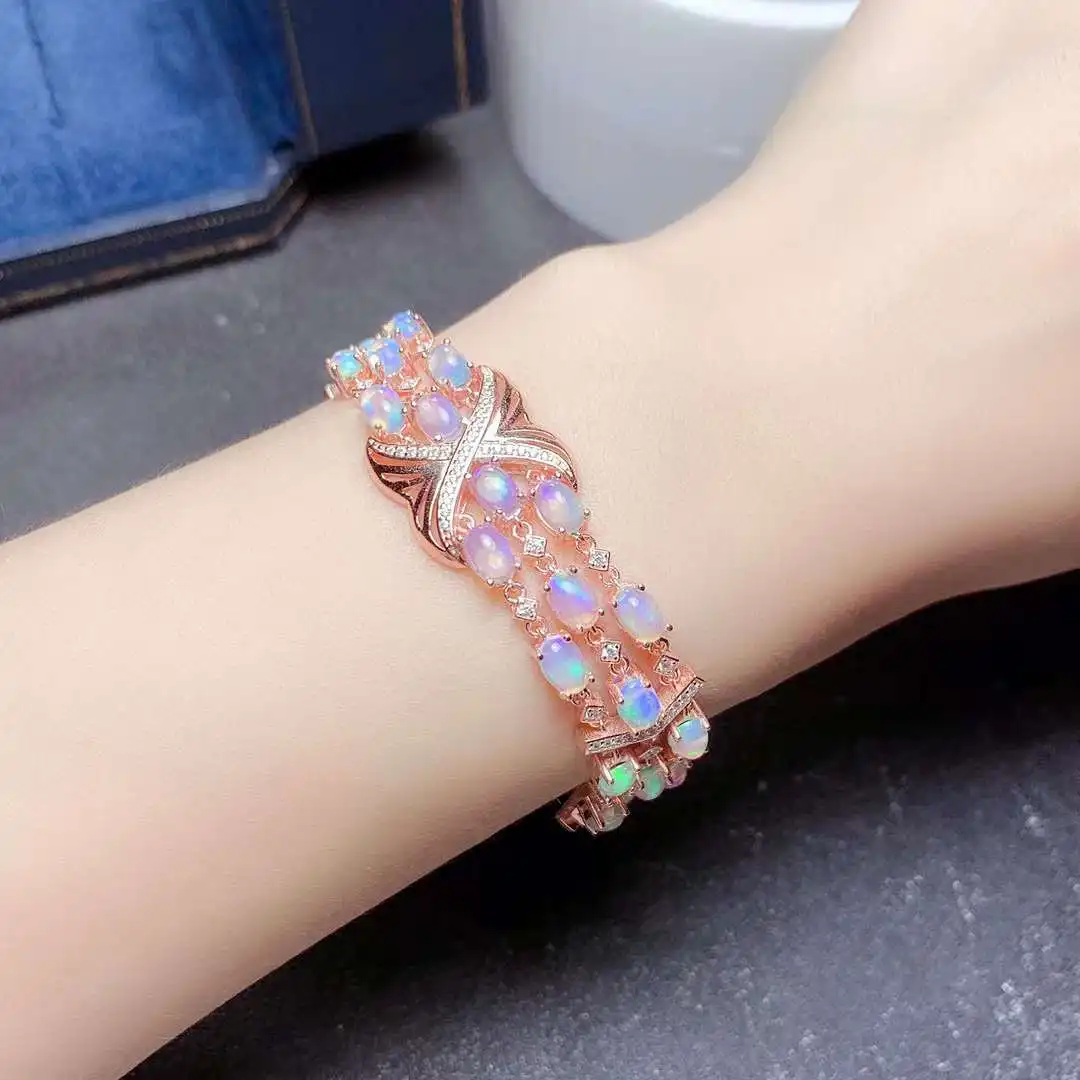 

luxurious Wealth wide geometry S925 silver natural Multicolor opal bracelet natural gemstone bracelet women party gift jewelry