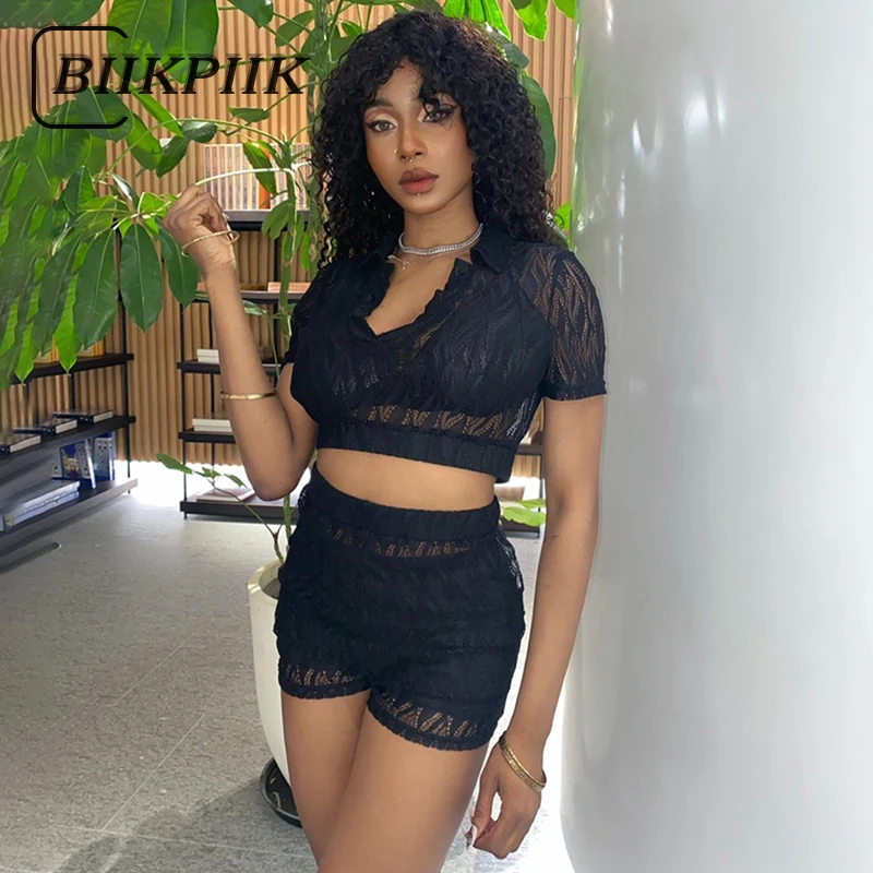 

BIIKPIIK Fashion Two Piece Sets Women Black See Through Matching Outfits Turn-down Collar Pullover Crop Tops + Shorts Casualwear