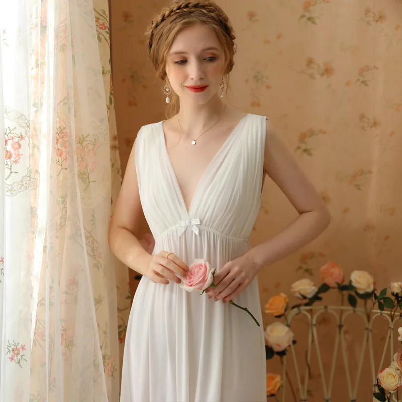 Women Summer Sleeveless Modal Nightie Sexy Deep V-Neck Knee-Length Nightdress French Vintage Princess Nightgowns White Sleepwear