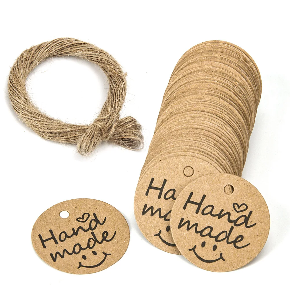 

100Pcs Brown Craft Round Kraft Paper Label with 20m Jute Twine Hand Made Label with Smile Face for Wedding Party Decoration