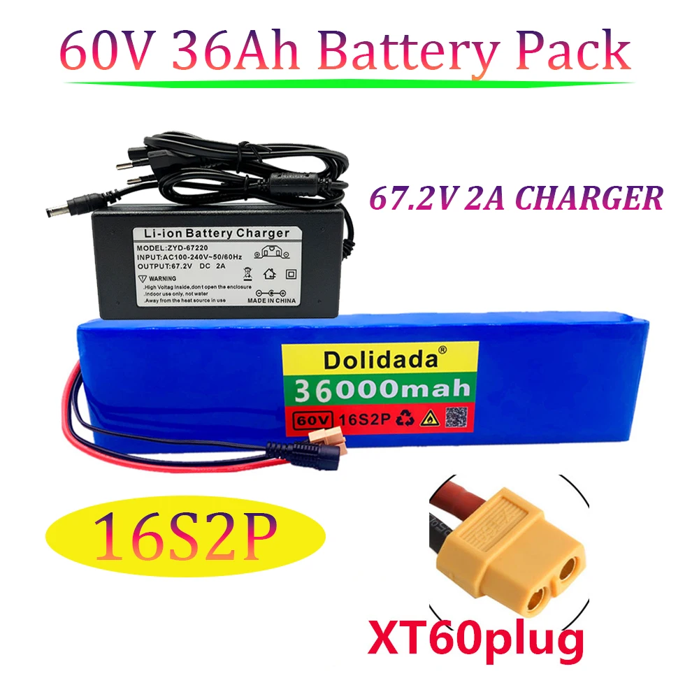 

18650 16S2P 36Ah 60V Battery Pack Li-ion Rechargeable Battery Ebike Electric Bicycle Scooter BMS 1000W XT60 Plug 67.2V Charger