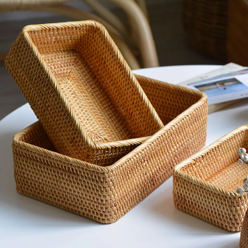 

Handwoven Rectangular Rattan Wicker Basket Fruit Tea Snack Bread Picnic Cosmetic Storage Box Kitchen Supplies Household Tools