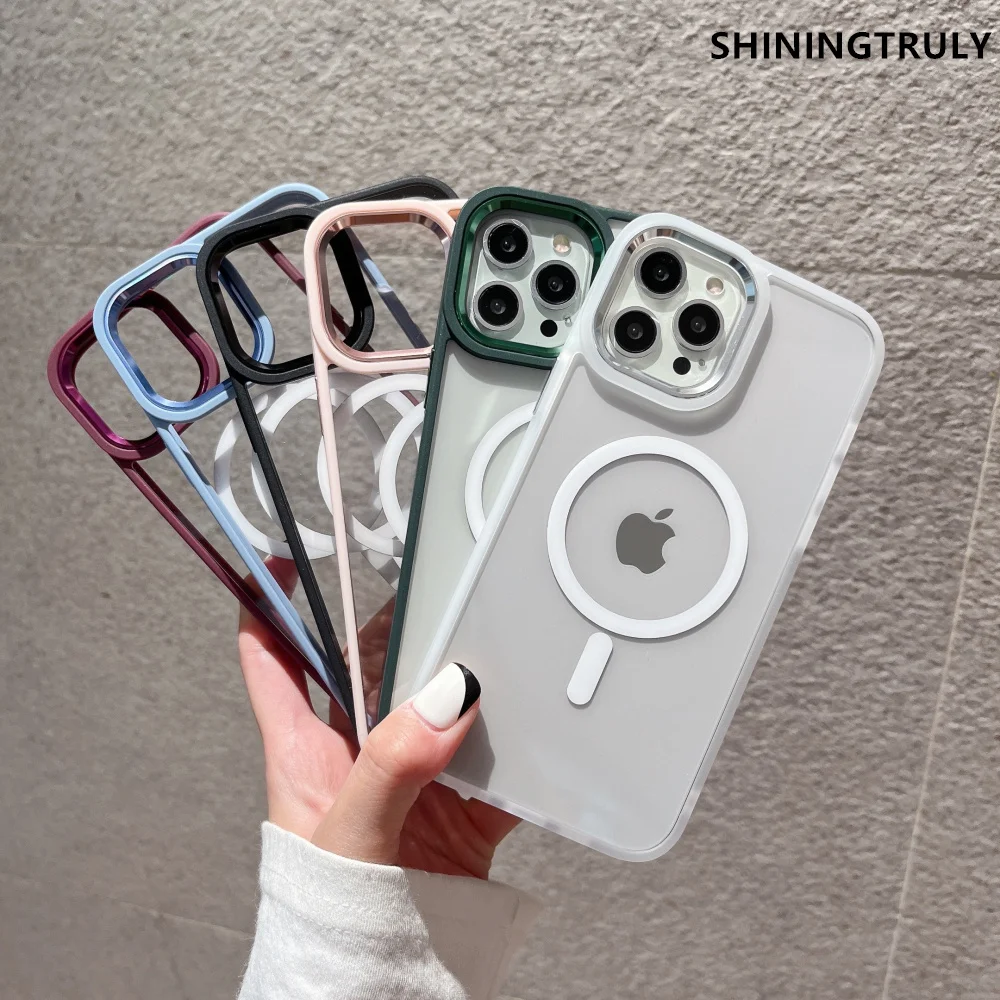 

Luxury Magnetic Magsafe Wireless Charging Case For iPhone 13 12 Pro Max Metal Camera Ring Shockproof Clear Acrylic Back Cover