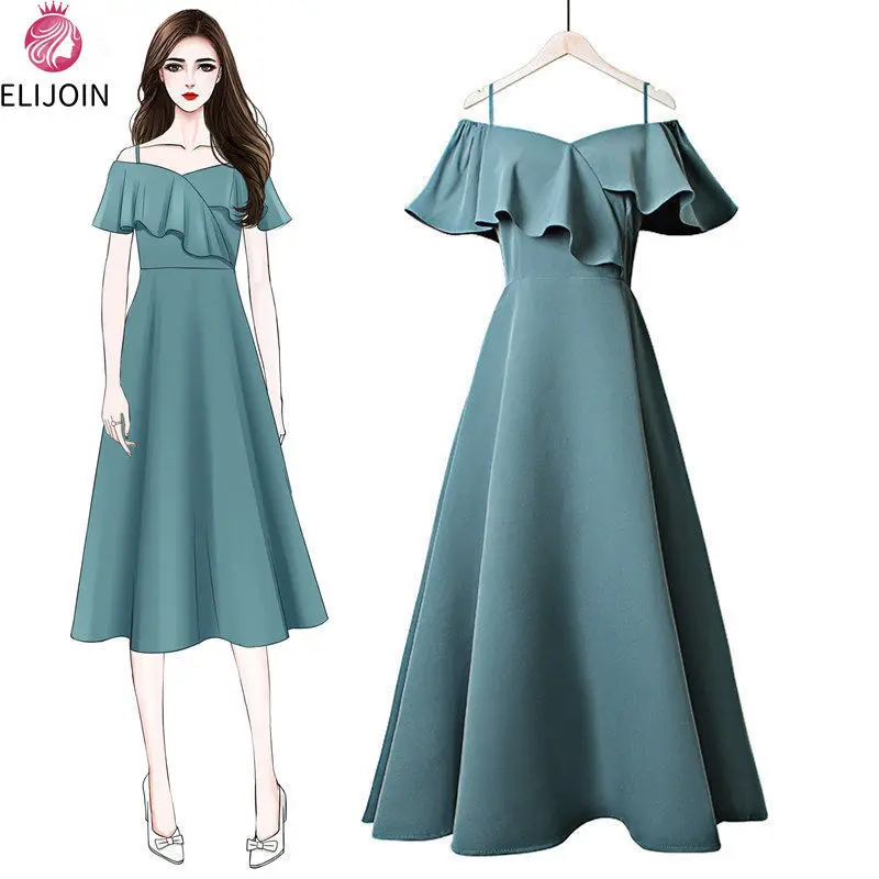 

ELIJOIN elegant women's summer dress sleeveless suspenders solid color dress