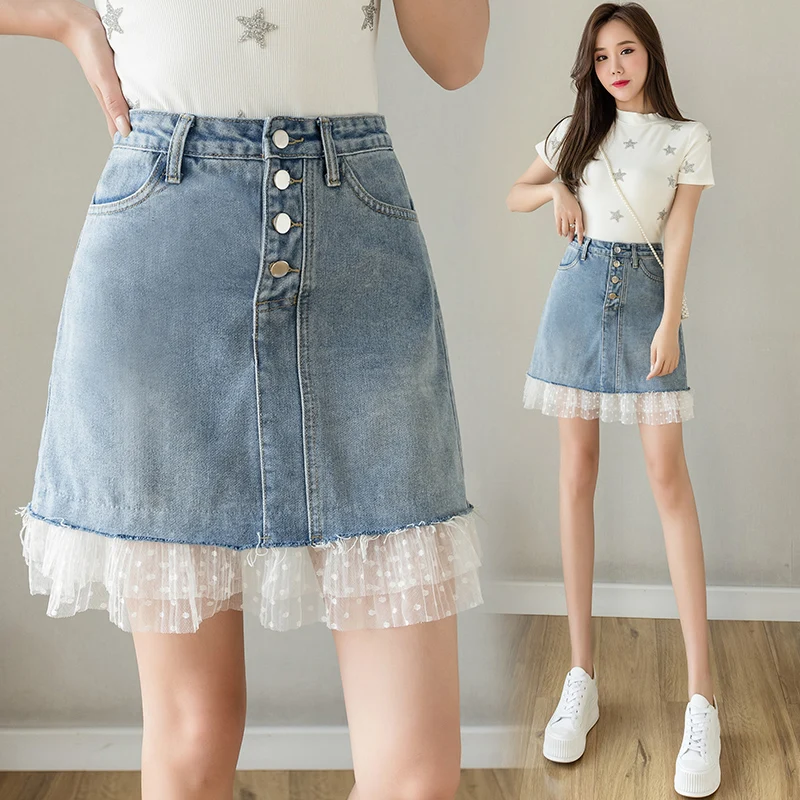 

Summer Mesh Patchwork Denim Skirts Women Korean Fashion High Waist Polka Dot A-LINE All-Match Short Mini Skirt Female