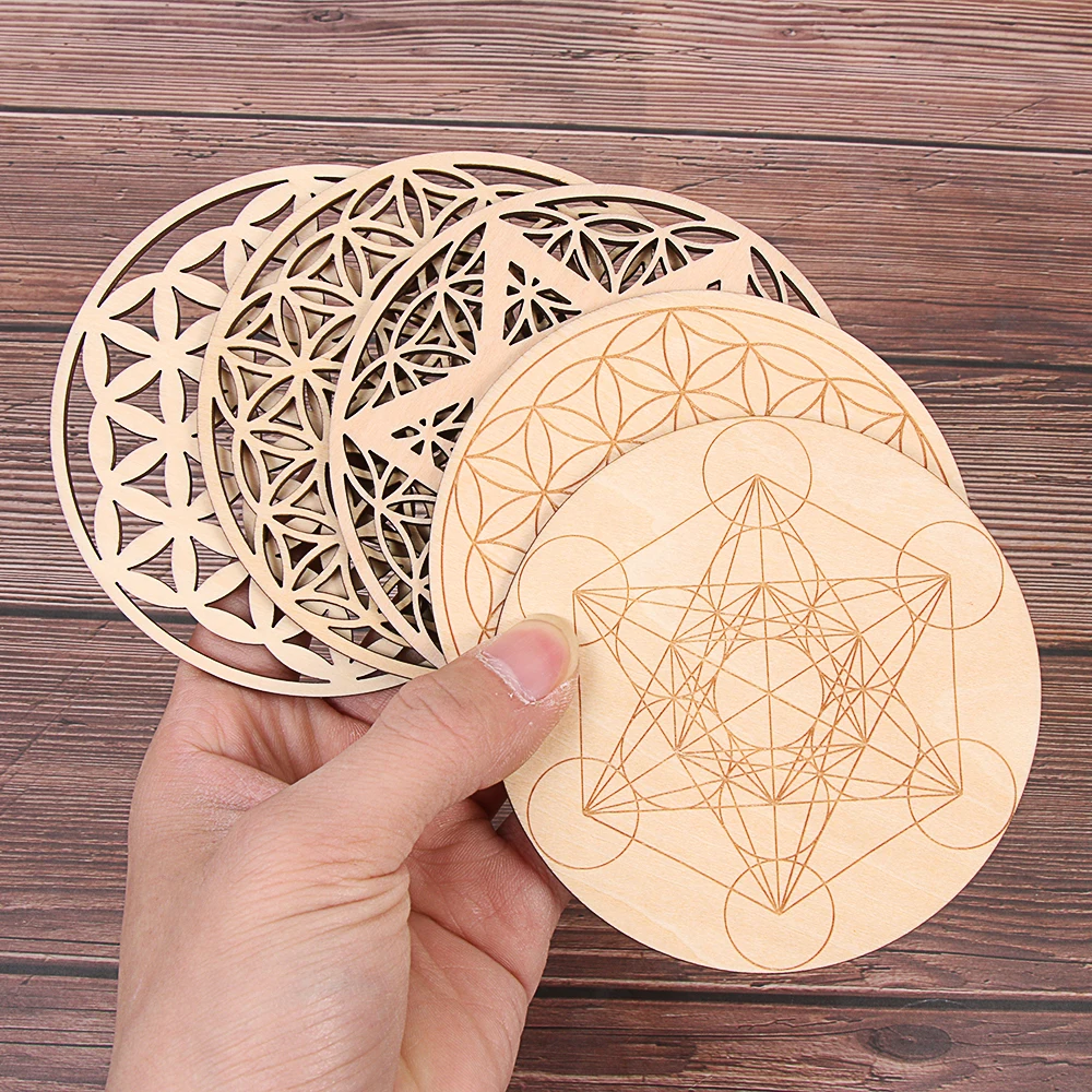 

Carved Coaster Set Chakra Flower of life Natural Symbol Wood Round Edge Circles Coffee Tea Cup For Stone Crystal Table Mats Pads