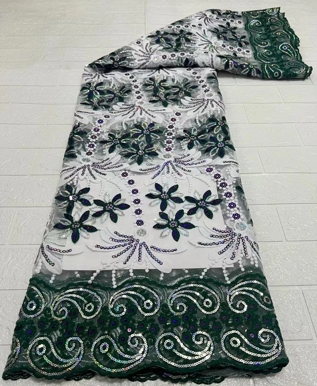 

Green African Cord Sequin Lace Fabric 2022 High Quality Nigerian Guipure Milk Silk Lace Fabric With Sequins For Party LHD22144
