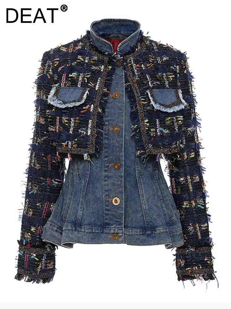 

DEAT Fashion Women Blazer Stand Collar Denim Spliced Removable Fake 2 Pcs Contrast Color Jacket Vest Top Spring 2023 New 17A3044
