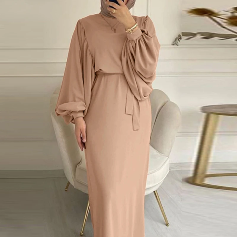 Maxi Dubai Abaya Fashion Belted Party Solid Long Sleeve Turkey Plain Islamic Clothing Sets Robes Elegant Muslim Dress for Women