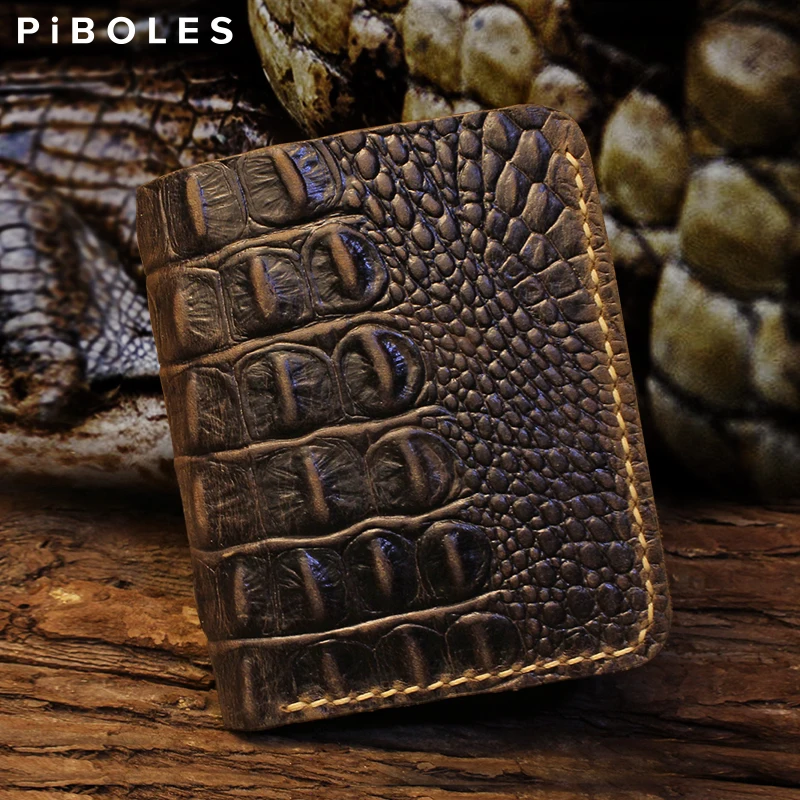 Handmade Genuine Leather Men's Wallet Women's Wallet Crocodile Pattern Short Wallet Male's Purse With 6 Credit Card Slots Money